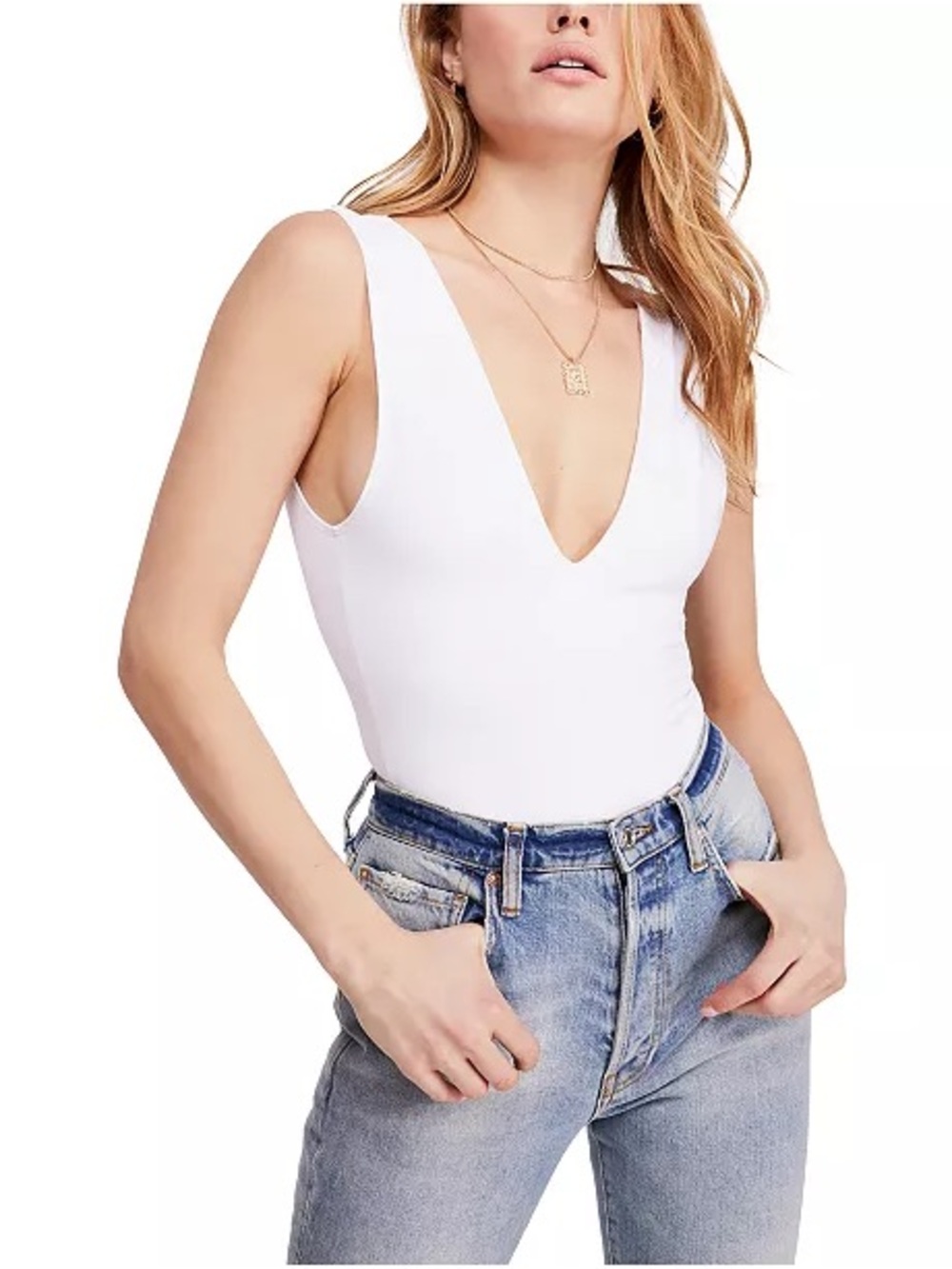 Free People White Deep V Tank Bodysuit